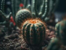 miniatura casa flores suculentos e cacto dentro a jardim criada com generativo ai tecnologia foto