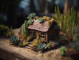 fantasia miniatura casa flores suculentos e cacto dentro a jardim criada com generativo ai tecnologia foto