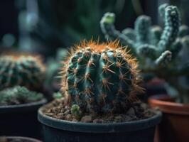 miniatura casa flores suculentos e cacto dentro a jardim criada com generativo ai tecnologia foto