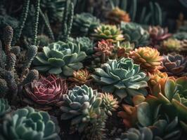 miniatura casa flores suculentos e cacto dentro a jardim criada com generativo ai tecnologia foto