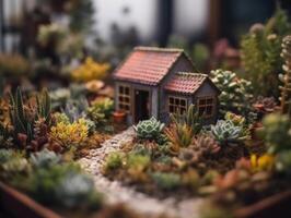 fantasia miniatura casa flores suculentos e cacto dentro a jardim criada com generativo ai tecnologia foto