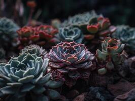 miniatura casa flores suculentos e cacto dentro a jardim criada com generativo ai tecnologia foto