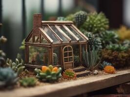 fantasia miniatura casa flores suculentos e cacto dentro a jardim criada com generativo ai tecnologia foto