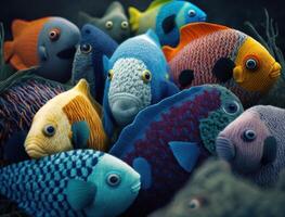 grupo do colorida tricotado peixes em Sombrio fundo criada com generativo ai tecnologia. foto