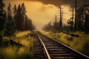 Ferrovia faixas dentro uma floresta panorama. ilustração ai generativo foto