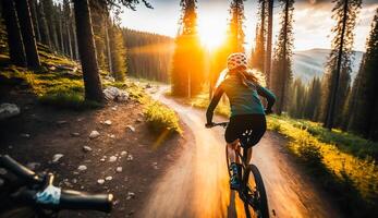 montanha ciclismo mulher equitação em bicicleta dentro verão montanhas floresta paisagem, ai generativo foto