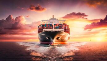 recipiente navio em oceano, o negócio logístico importar - exportação transporte frente Visão dentro pôr do sol, generativo ai foto