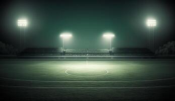 futebol estádio iluminado de holofotes e esvaziar verde Relva Parque infantil, grande estádio, generativo ai foto