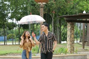 jovem ásia malaio homem mulher casal ao ar livre verde parque andar conversa discutir misturar-se debaixo guarda-chuva foto