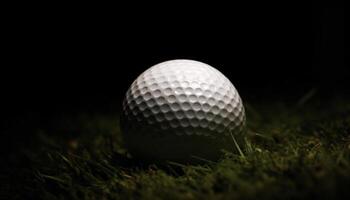 jogador de golfe exitos bola com clube em verde Relva às noite gerado de ai foto