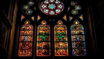 manchado vidro janela ilumina gótico catedral antigo espiritualidade e história gerado de ai foto