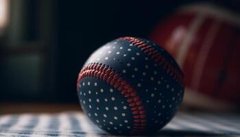 azul couro beisebol em listrado mesa, foco em primeiro plano gerado de ai foto