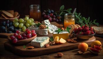 fresco orgânico fruta e gourmet queijo em rústico de madeira bandeja gerado de ai foto