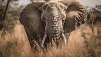 africano elefante caminhando dentro a região selvagem, pastar debaixo a pôr do sol gerado de ai foto