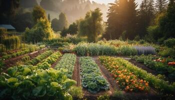 vibrante verde folhas e roxa flores dentro uma vegetal jardim gerado de ai foto