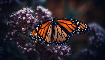 vibrante monarca borboleta poliniza roxa flor dentro natural beleza gerado de ai foto