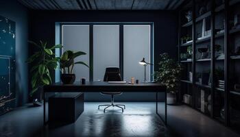 moderno escritório Projeto com esvaziar escrivaninha e iluminado elétrico luminária gerado de ai foto
