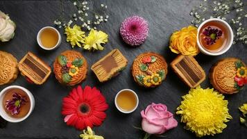 colorida flor decorado mooncake chinês meio outono festival Preto ardósia pedra fundo branco xícara de chá vidro chaleira margarida crisântemo mãe rosa bebê respiração flor vermelho amarelo Rosa roxa tolet foto