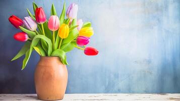 ainda vida com colorida tulipas com cimento parede fundo, ai generativo foto