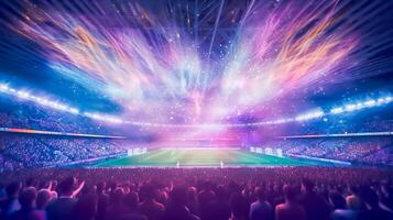 Visão dentro futebol estádio com fãs em estádio jogos e audiências pessoas celebração com Holofote colorida iluminação fundo, generativo ai foto