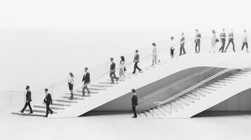 borrado o negócio pessoas grupo andar e degrau em escada para trabalhos às moderno escritório, velozes movimento, generativo ai foto
