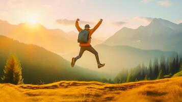 sucesso e aventura conceito, bem sucedido caminhante homem pulando em a topo do a montanha dentro manhã nascer do sol, ai generativo. foto
