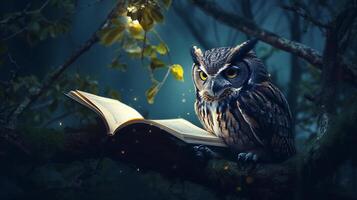 coruja lendo livro em árvore às noite, Aprendendo e saber conceito, generativo ai foto