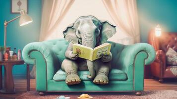 elefante lendo livro em sofá, Aprendendo e saber conceito, generativo ai foto