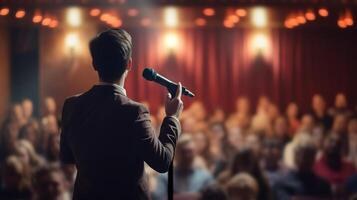 uma alto falante com microfone dentro frente do audiências. comédia música e teatro viver desempenho, generativo ai foto