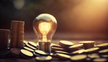 uma luz lâmpada com moedas pilha. criativo Ideias para salvando dinheiro conceito, generativo ai foto