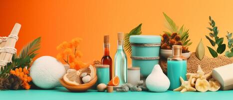 natural cosméticos, ingredientes e banheiro ou spa acessórios arranjado em laranja bandeira fundo, generativo ai foto