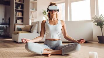 mulher vestindo virtual realidade fone de ouvido e fazendo ioga às lar, ai generativo foto