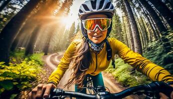 fechar acima montanha ciclismo mulher equitação em bicicleta dentro verão montanhas floresta paisagem, ai generativo foto