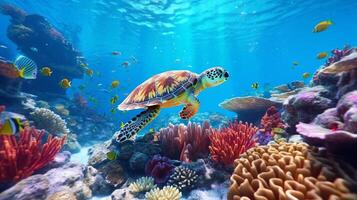tartaruga com grupo do colorida peixe e mar animais com colorida coral embaixo da agua dentro oceano, generativo ai foto
