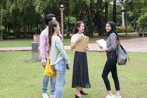 jovem ásia malaio chinês homem mulher ao ar livre parque andar ficar de pé estude conversa discutir ponto computador portátil Arquivo livro mochila foto