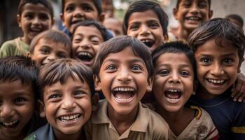 uma ampla grupo do brincalhão escola crianças sorridente gerado de ai foto