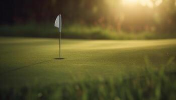 verde grama, azul céu, batendo golfe bola sucesso gerado de ai foto