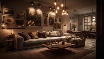 luxo, moderno vivo quarto com elegante decoração gerado de ai foto