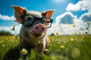 porco vestindo óculos dentro campo do flores generativo ai foto