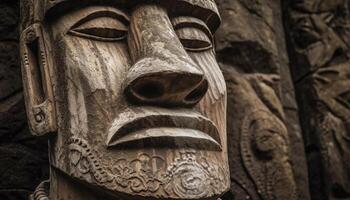 antigo escultura do indígena Deus dentro arruinado floresta gerado de ai foto