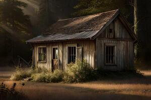 uma fotografia do a abandonado casa aninhado dentro a coração do uma floresta. generativo ai foto