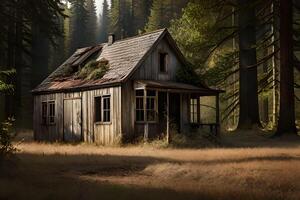 uma fotografia do a abandonado casa aninhado dentro a coração do uma floresta. generativo ai foto