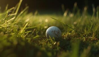 jogador de golfe colocando em verde, pôr do sol dentro fundo gerado de ai foto