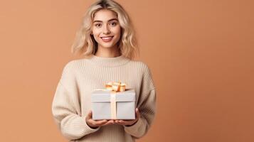 lindo menina com presente caixa. ilustração ai generativo foto