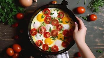 fritar panela com cozinhou ovos, ervas, queijo, tomates. ilustração ai generativo foto