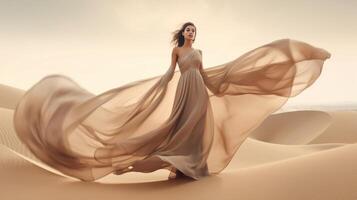 moda modelo dentro deserto areia. ilustração ai generativo foto