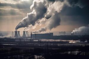 poder plantar com fumar chaminés. industrial panorama dentro a tarde. carvão energia Produção indústria produz eletricidade através a combustão do carvão, fechamento meio Ambiente problema, ai gerado foto