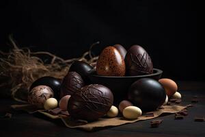 chocolate Páscoa ovos em uma de madeira mesa. Sombrio fundo. cópia de espaço. ai gerado. foto