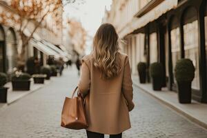 lindo jovem menina dentro uma bege casaco com uma Castanho Bolsa anda em ao longo a rua. uma à moda mulheres traseiro Visão caminhando com uma compras bolsa, ai gerado foto