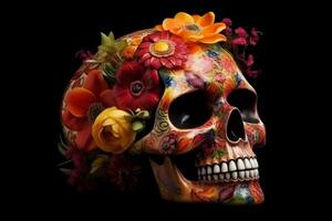 dia de los mortos, dia do a morto, com açúcar crânio, colorida retrato do uma crânio e flores, ai gerado foto